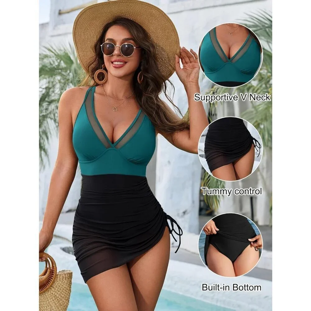 Womens Blooming Jelly Blue One Piece Swim Dress with Tummy Control
